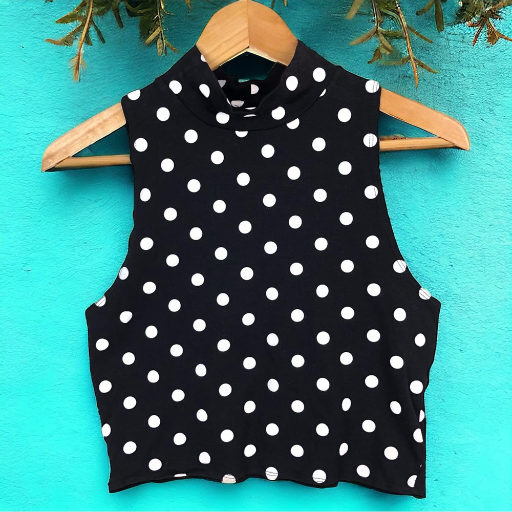Map To Mars Polka Dot Black White Mock Neck Retro Rockabilly Sleeveless Crop Top